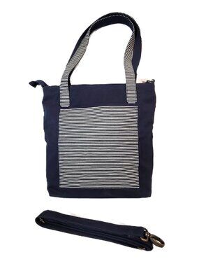 Malia Designs Navy Blue Canvas Tote Bag Striped Pocket Handbag NWT Fair Trade